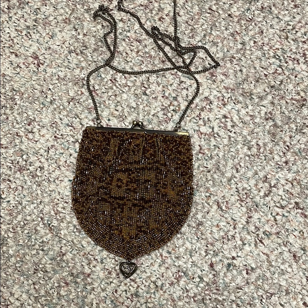 100% silk Beaded Brown chain strap Crossbody Bag with heart charm